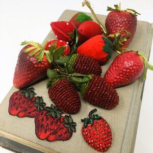 Dozen Assorted Red Beaded Velvet Wool Rhinestone Iron On Styrofoam Strawberries